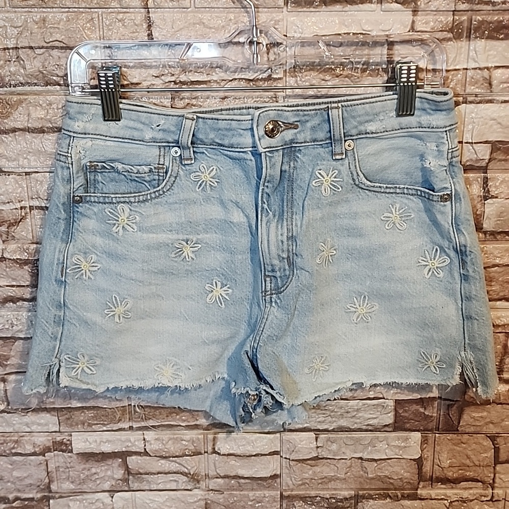 American Eagle Mom Short Embroidered Light Blue Denim Shorts